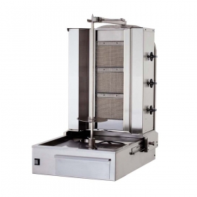 Aparat pe gaz pentru shaorma-kebab cu 3 arzatoare, 74x62x98cm, putere instalata 9 kW, 220V / 50Hz, alimentare gaz natural sau GPL, gaz natural sau GPL, inox, motor reversibil, tava sustinere carne reglabila pe 3 nivele