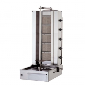 Aparat pe gaz pentru shaorma-kebab cu 5 arzatoare, 73x62x122cm, putere instalata 15 kW, 220V / 50Hz, alimentare gaz natural sau GPL, gaz natural sau GPL, inox, motor reversibil, tava sustinere carne reglabila pe 3 nivele