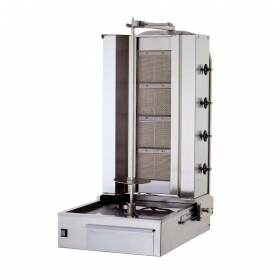 Aparat pe gaz pentru shaorma-kebab cu 4 arzatoare, 75x62x105cm, putere instalata 12 kW, 220V / 50Hz, alimentare gaz natural sau GPL, gaz natural sau GPL, inox, motor reversibil, tava sustinere carne reglabila pe 3 nivele