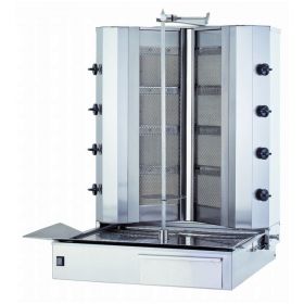 Aparat pe gaz KALITEGAZ pentru shaorma-kebab cu 8 arzatoare, 75x80x106cm, putere instalata 26.00 kW, 220V / 50Hz, alimentare gaz natural sau GPL, gaz natural sau GPL, inox, aripioare si tava incluse, motor reversibil, tepusa mobila, tava sustinere carne r