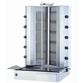 Aparat pe gaz KALITEGAZ pentru shaorma-kebab cu 10 arzatoare, 75x80x123cm, putere instalata 32.50 kW, 220V / 50Hz, alimentare gaz natural sau GPL, gaz natural sau GPL, inox, aripioare si tava incluse, motor reversibil, tepusa mobila, tava sustinere carne